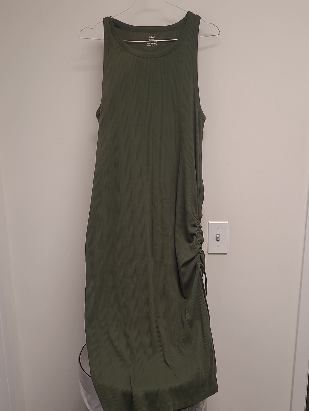 aerie Olive Green Sleeveless Midi Dress with Side Drawstring XL New.